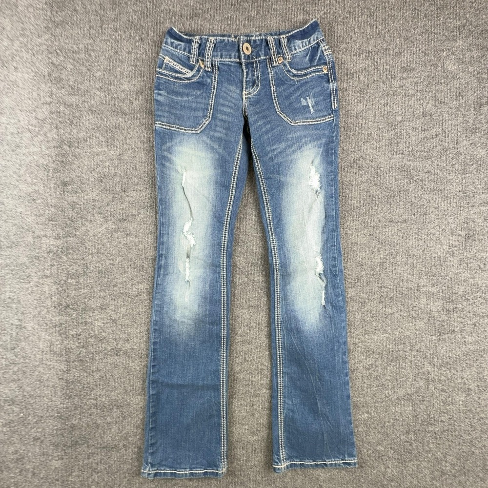 Ariya Jeans Jeans Juniors 3/4 Medium Wash Blue Bootcut Distressed Embroidered
